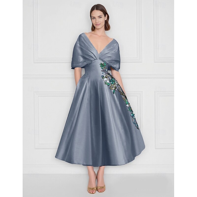 A-Line Cocktail Dresses Elegant Dress Formal Wedding Ankle Length Short Sleeve Off Shoulder Satin with Floral Print Embroidery Pocket
