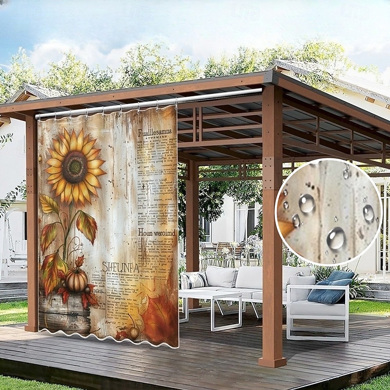 Waterproof Outdoor Curtain Privacy, Sliding Patio Curtain Drapes, Pergola Curtains Grommet 3D Landscape Sunflowers For Gazebo, Balcony, Porch, Party, 1 Panel