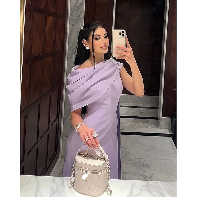 Column Evening Gown Elegant Dress Formal Floor Length Short Sleeve Crew Neck Stretch Crepe with Ruched Shawl4