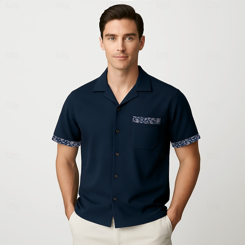 Men's Shirt Navy Blue Short Sleeve Paisley Cuban Collar School Formal Buttons Clothing Apparel Elegant Vacation Vintage Tropical3