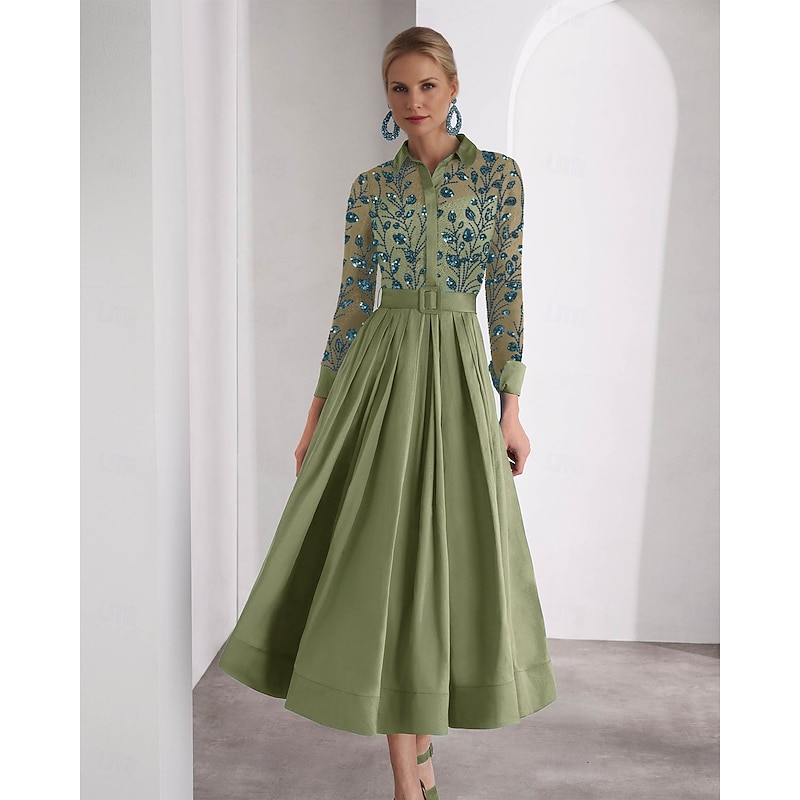 Embroidered A-Line Mother of the Bride Cocktail Dresses Elegant Formal Wedding Guest Ankle Length Long Sleeve Shirt Collar Satin with Glitter Slit3