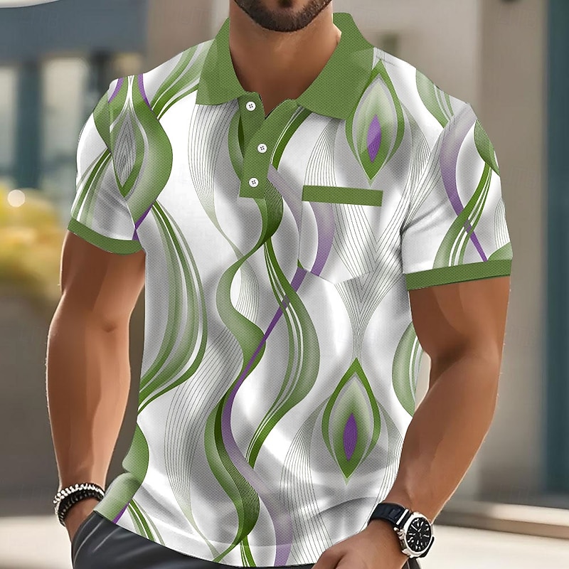 Men's Abstract Geometic Polo Short Sleeve Polo Shirts Collared Shirts Business Casual Outdoor Athleisure Daily Wear Pocket 3D Print Buttons Summer Blue Purple Green2