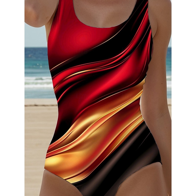 Women's Swimsuits One Piece Monokini High Cut Swimsuit Backless Tummy Control High Waist Slim Vacation Vintage Graphic Geometric U Neck Sleeveless Bathing Suits3