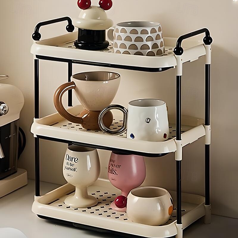 Coffee Bar Organizer, Mug Holder for Counter Top, Bathroom Counter Organizer with Pull Out Draining Tray, Mug Organizer Rack with Handle