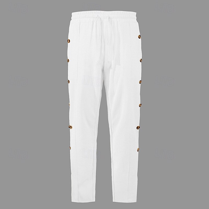 Men's Linen Pants Trousers Summer Pants Beach Pants Pocket Drawstring Elastic Waist Plain Comfort Breathable Full Length Vacation Daily Holiday Hawaiian Boho ArmyGreen Black2