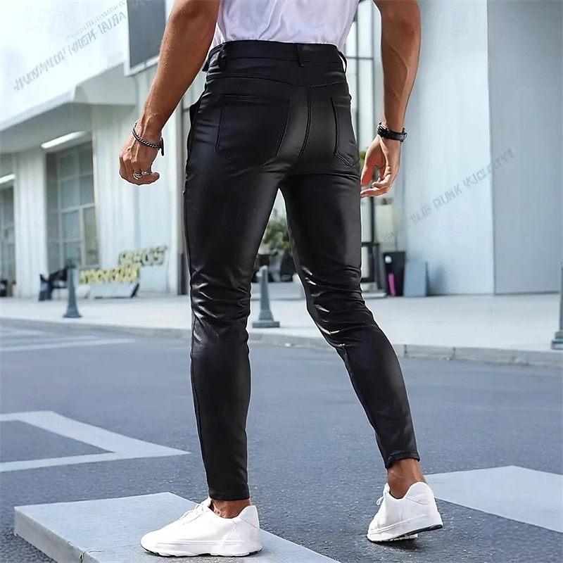 Men's Trousers Summer Pants Faux Leather Shorts Pocket Plain Comfort Breathable Vacation Streetwear Stylish Athleisure Black3