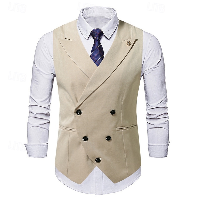 Men's Vest Waistcoat Gilet Vacation Party Business Fashion Casual Summer Spring Buttons Pocket Polyester Comfortable Plain Double Breasted Lapel Regular Fit Black Beige Coffee Vest2