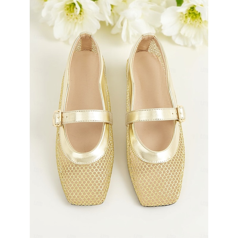 Women's Gold Mesh Mary Jane Flats – Elegant Low Heel Date Shoes with Buckle Strap for Casual Outings and Daily Wear2