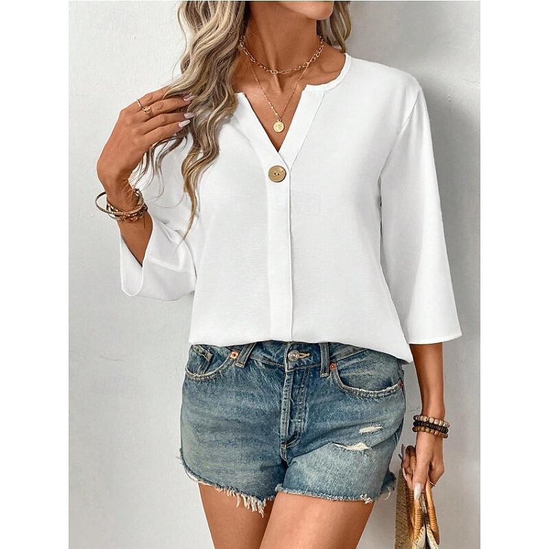 Women's Blouse Solid Color Stylish Casual 3/4 Length Sleeve V Neck Regular Tops Daily Holiday Buttons Black White Orange Summer Spring4