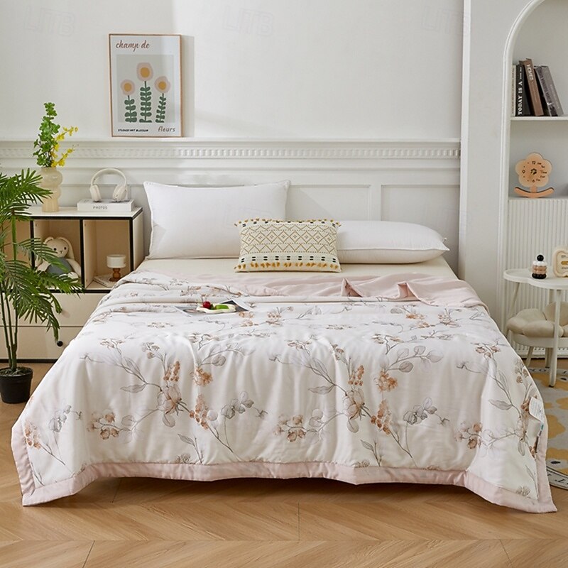 Cooling Quilt Comforter Breathable Tencel Lyocell Fiber Quilt Queen Cooling Blanket for Hot Sleeper Lightweight Duvet for Summer Floral Pattern