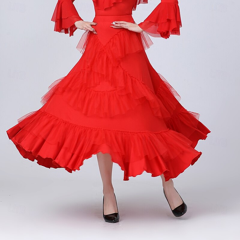 Latin Dance Skirts Pure Color Splicing Tulle Women's Performance Training High Polyester Tulle