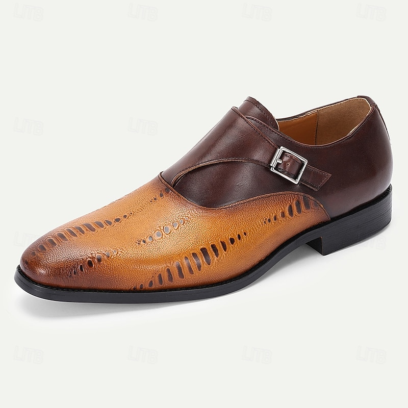 Men's Brown Monk Strap Dress Shoes with Laser Cut Detailing – Elegant Premium Leather Prom and Banquet Shoes2