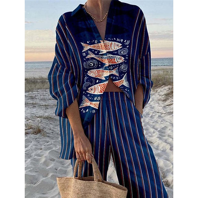 Women's 2 Pieces Fashion Streetwear Daily Pants Sets Long Sleeve Shirt Collar Graphic Casual Daily Beach Red Navy Blue Royal Blue Summer Regular Fit2