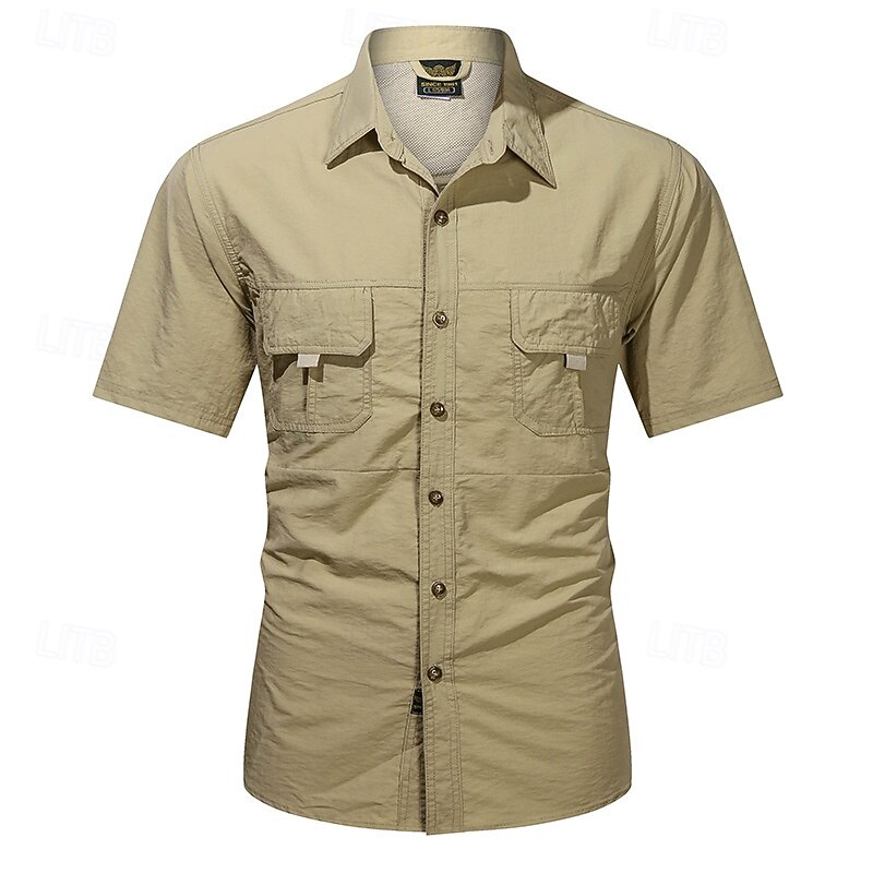 Men's Shirt Summer Shirt Casual Shirt Button Up Shirt Cargo Shirt Black khaki Dark Grey Army Green Short Sleeve Plain Shirt Collar Vacation Hawaiian Pocket Clothing Apparel 100% Cotton Fashion Casual4