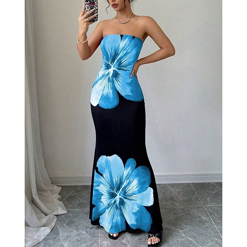 Women's Long Dress Maxi Dress Prom Dress Bodycon Summer Dress Elegant Fashion Party Holiday Date Regular Fit Flower Sleeveless Strapless Red Blue Summer Spring