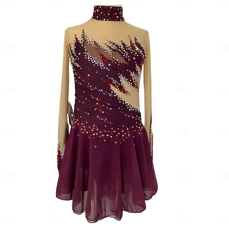 Figure Skating Dress Women's Girls' Ice Skating Dress Fuchsia Patchwork Thumbhole Mesh Spandex Stretchy Training Practice Professional Skating Wear Thermal Warm Classic Crystal / Rhinestone Long