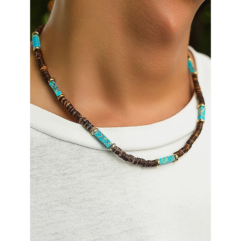 Men's Natural Wood Beaded Necklace with Turquoise Accents, Boho Surfer Style, Adjustable Jewelry for Beach, Festival and Casual Outfits3