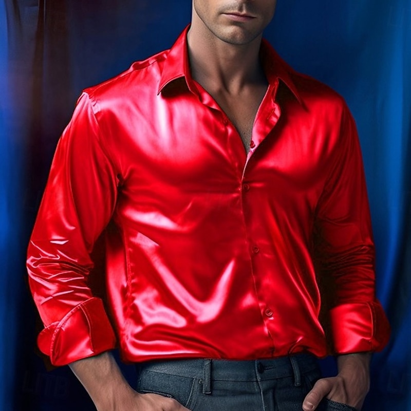 Retro Vintage 1980s Shiny Metallic Shirt Disco Solid Color Turndown Fancy Dress Men's Carnival Costume Kings Day Carnival Performance Club Pride Parade Adults' Shirt All Seasons2