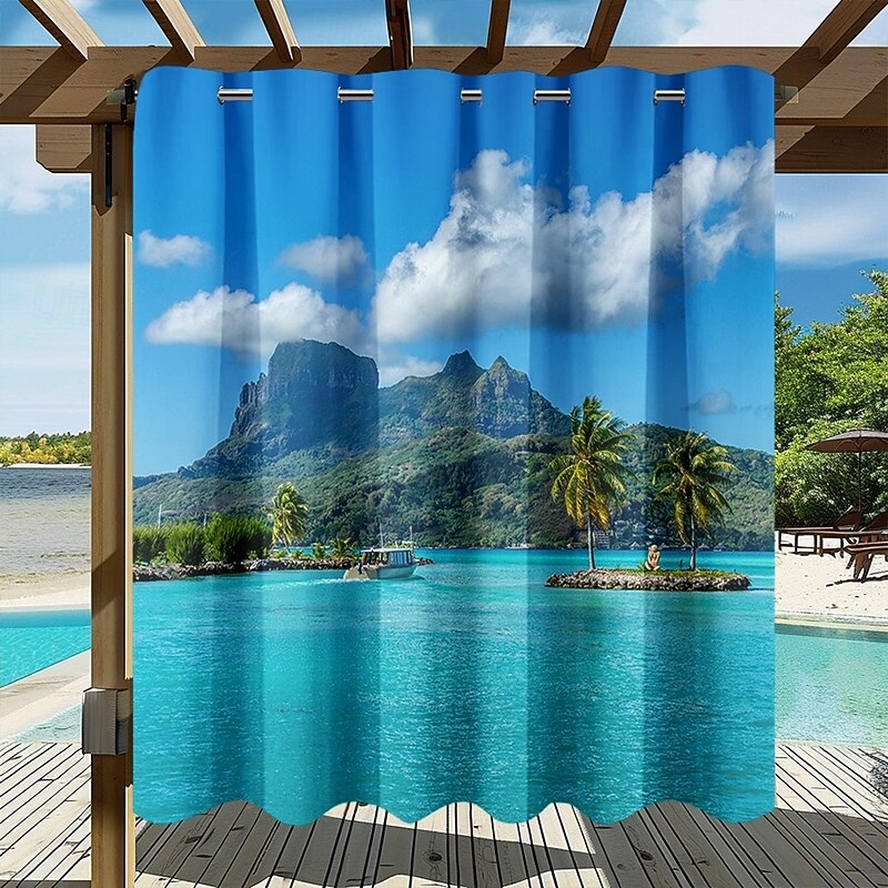 Waterproof Outdoor Curtain Privacy, Sliding Patio Curtain Drapes, Pergola Curtains Grommet 3D Ocean Island Landscape For Gazebo, Balcony, Porch, Party, 1 Panel2