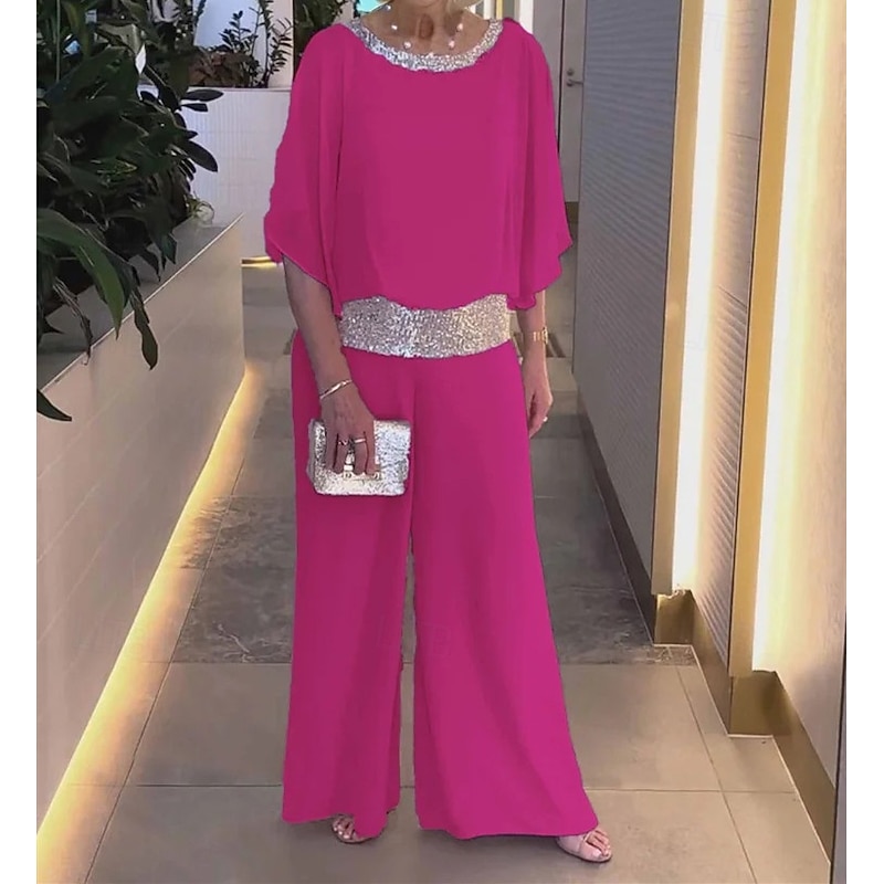 Two Piece Pantsuit Mother of the Bride Pantsuit Elegant Vintage Simple Boat Neck Floor Length Chiffon Half Sleeve with Sequin4