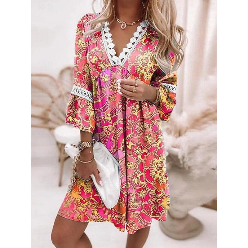 Women's Mini Dress Casual Dress Summer Dress Fashion Modern Vacation Daily Weekend Regular Fit Floral Graphic Color Gradient 3/4 Length Sleeve V Neck White Pink Wine Navy Blue Summer3