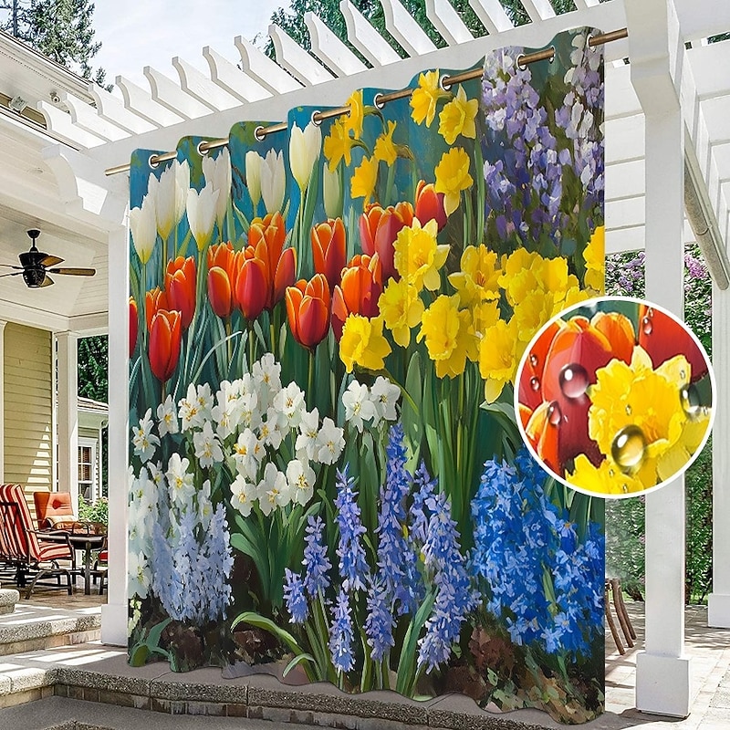 Waterproof Outdoor Curtain Privacy, Sliding Patio Curtain Drapes, Pergola Curtains Grommet 3D Flowers Tulips Landscape For Gazebo, Balcony, Porch, Party, 1 Panel