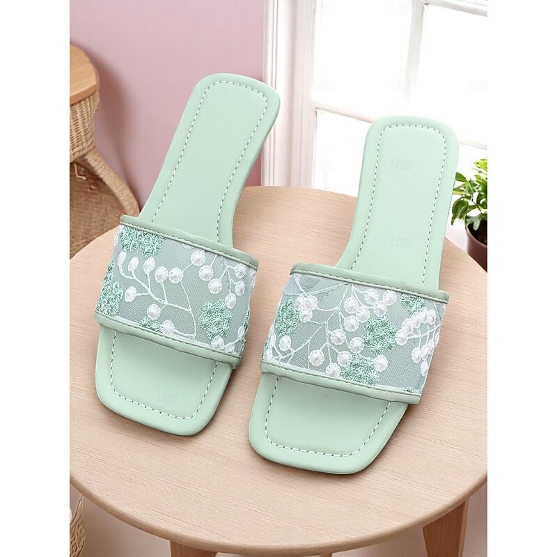 Women's White Embroidered Mesh Slide Sandals – Floral Lace Design, Square Toe, Romantic Beach Style for Summer Vacations and Casual Wear