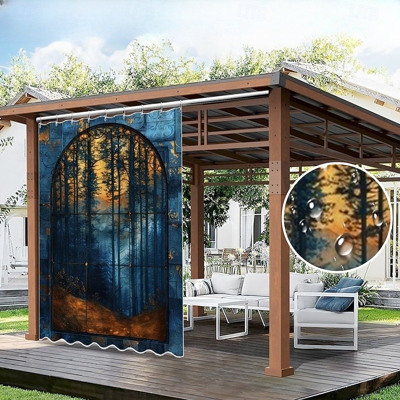Waterproof Outdoor Curtain Privacy, Sliding Patio Curtain Drapes, Pergola Curtains Grommet 3D Landscape Forest For Gazebo, Balcony, Porch, Party, 1 Panel