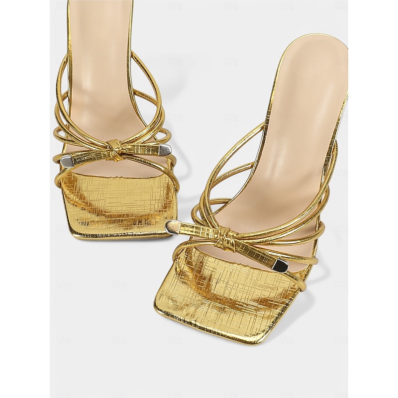 Women's Gold Strappy Bow Heeled Mules – Open Toe Prom Sandals for Elegant Evenings and Banquet Looks4