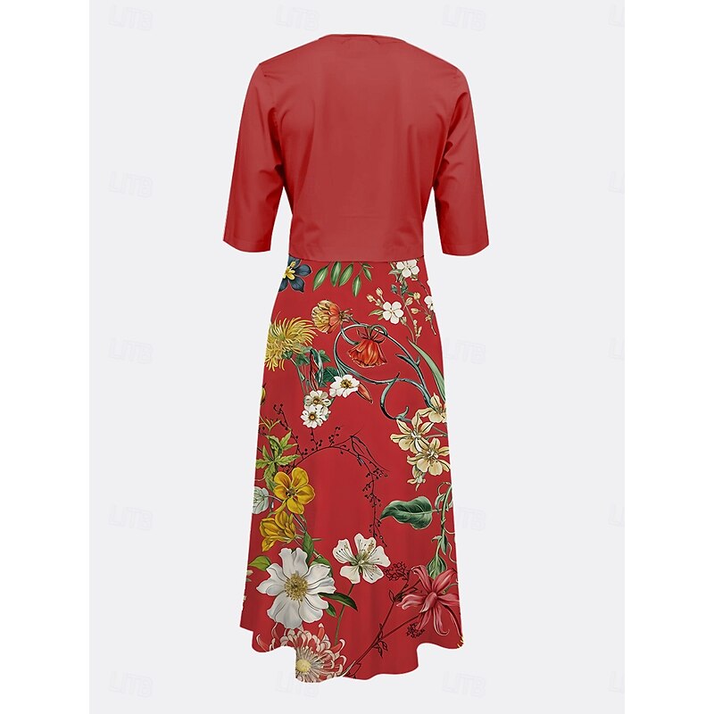 Women's Two Piece Dress Sets Midi Dress with Jacket Elegant A Line Dress Half Sleeve Party Cocktail Floral Print V Neck Wedding Guest Daily Red Blue Purple Regular Fit2