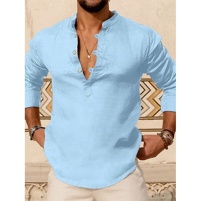 Men's Shirt Linen Shirt Popover Shirt Summer Shirt Beach Wear Henley Shirt Solid Color Vacation Home Pink Sky Blue Green Khaki Long Sleeve Stand Collar Summer Spring Clothing Apparel Buttons2