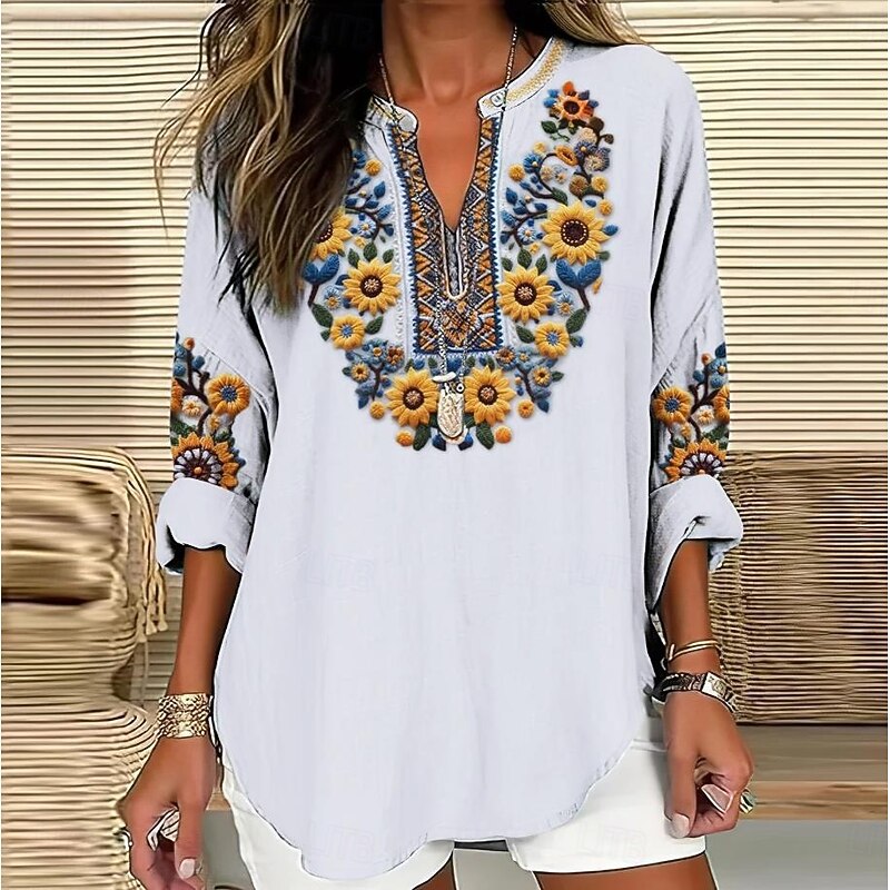 Women's Blouse Tunic V Neck Long Sleeve Boho Casual Tops Floral Graphic Bohemia Vintage Tropical Regular Tops Daily Vacation Wear Print Black White Blue Sky Blue Khaki2
