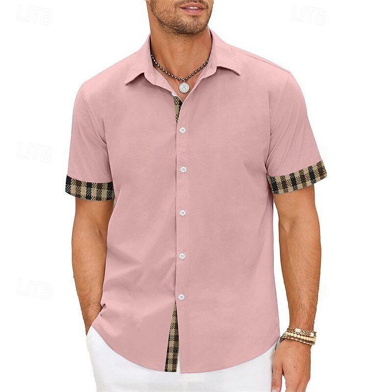 Men's Shirt Summer Shirt Casual Shirt Beach Shirt Button Up Shirt Light Pink Short Sleeve Plain Lapel Vacation Hawaiian Clothing Apparel Polyester Fashion Casual Comfortable
