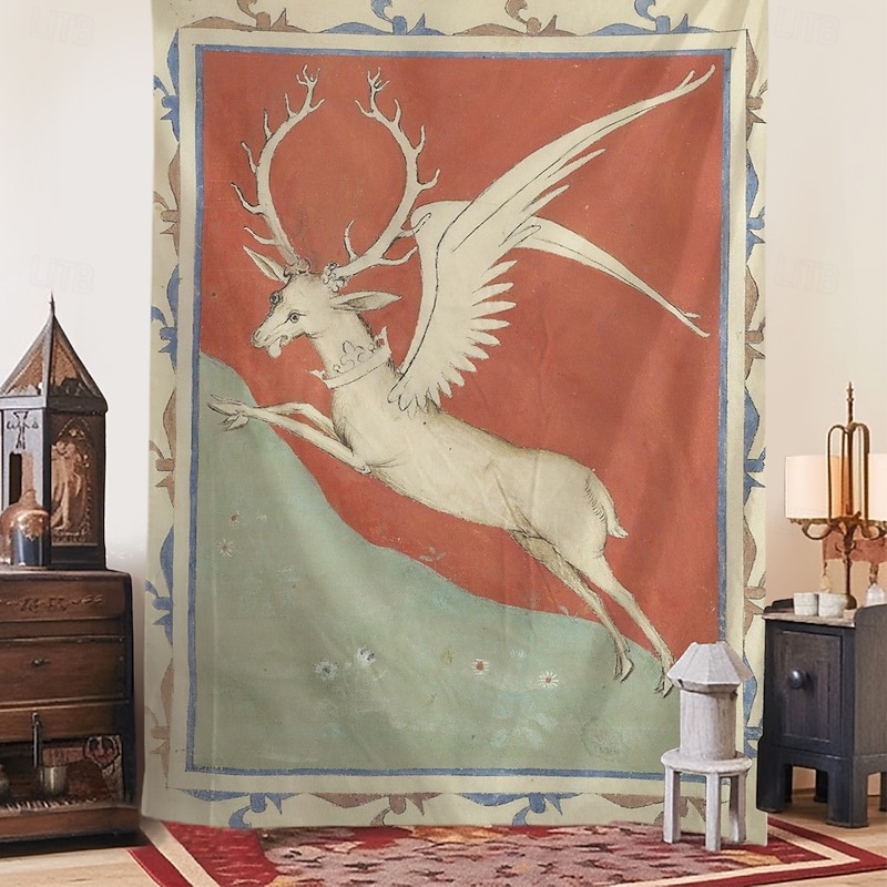 Medieval Tapestry Middle Age Tapestry Gothic Art Large Tapestry Mural Decor Photograph Backdrop Home Bedroom Living Room Decoration Cerf blanc ailé représentant le jeune Charles VI