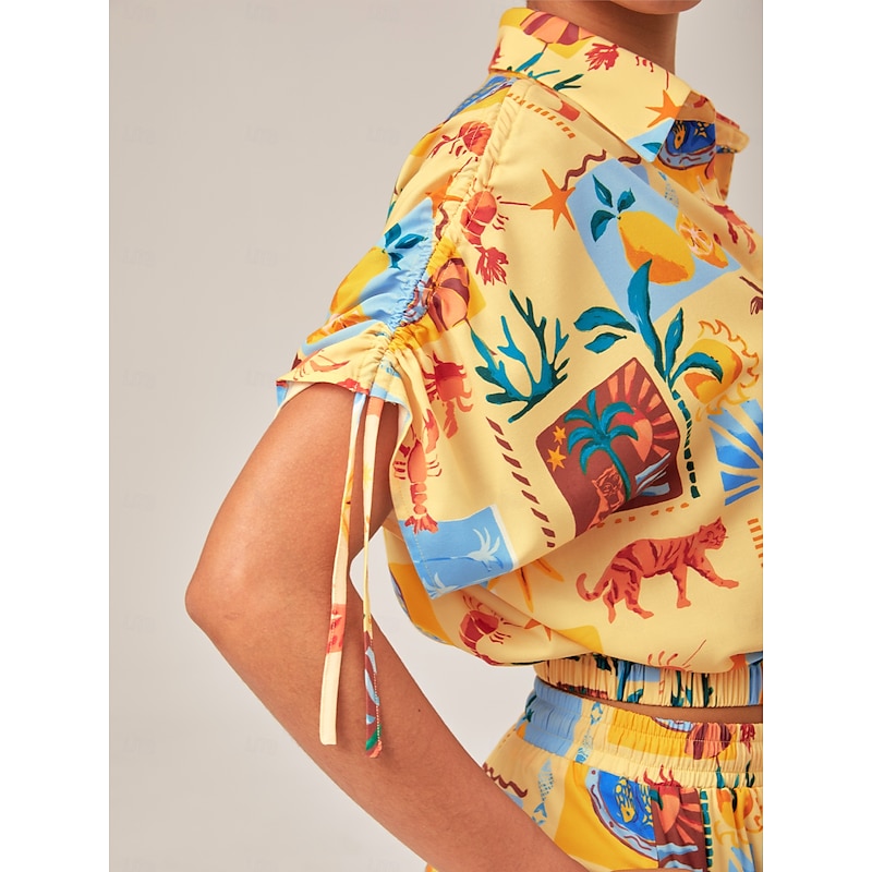 Tropical Collage Elastic Hem Shirt2