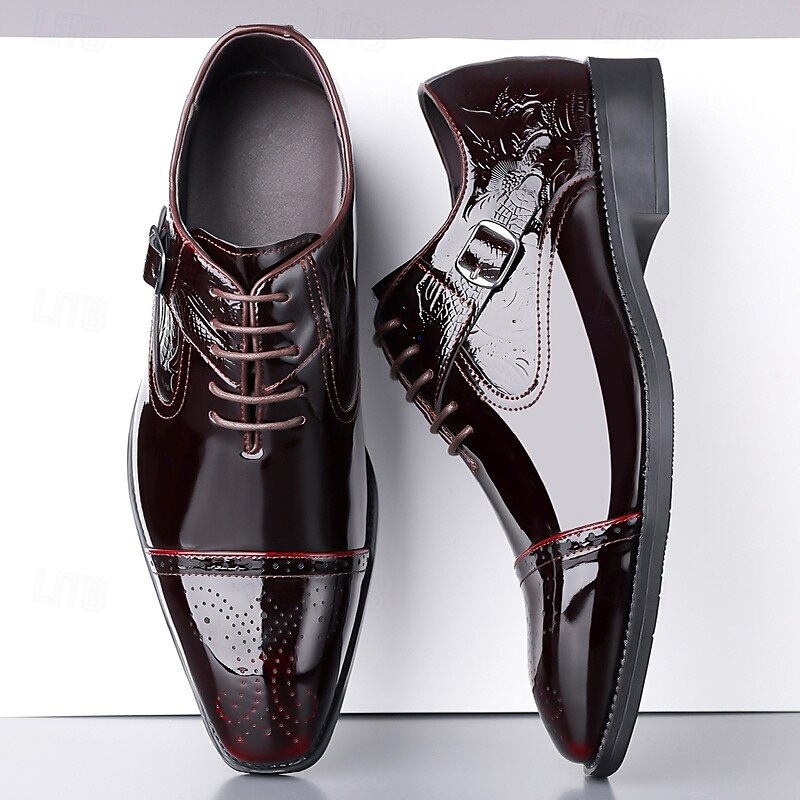 Men's Dress Shoes - Burgundy Two-Tone Patent Leather Shoes with Lace-Up Design for Dance Parties and Special Occasions2