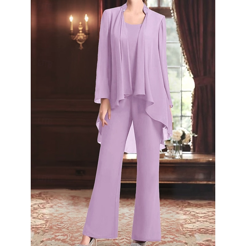 Pantsuit Mother of the Bride Dress Wedding Guest Elegant Simple Jewel Neck Floor Length Chiffon Long Sleeve with Solid Color