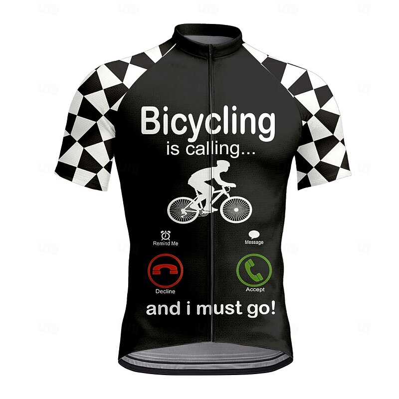 Men's Cycling Jersey Graphic Geometric Letter & Number Short Sleeve Bike Tee Tshirt Top with 3 Rear Pockets UV Resistant Quick Dry Front Zipper Reflective Strips Sports Black Clothing Apparel