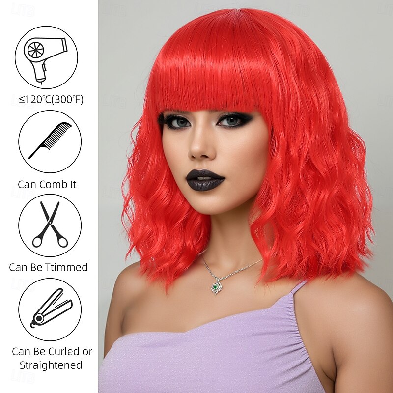Synthetic Wig Wavy Water Wave Layered Haircut Neat Bang Machine Made Wig 14 inch A1 Synthetic Hair Women's Cool Classic Comfortable Red Multi-color3