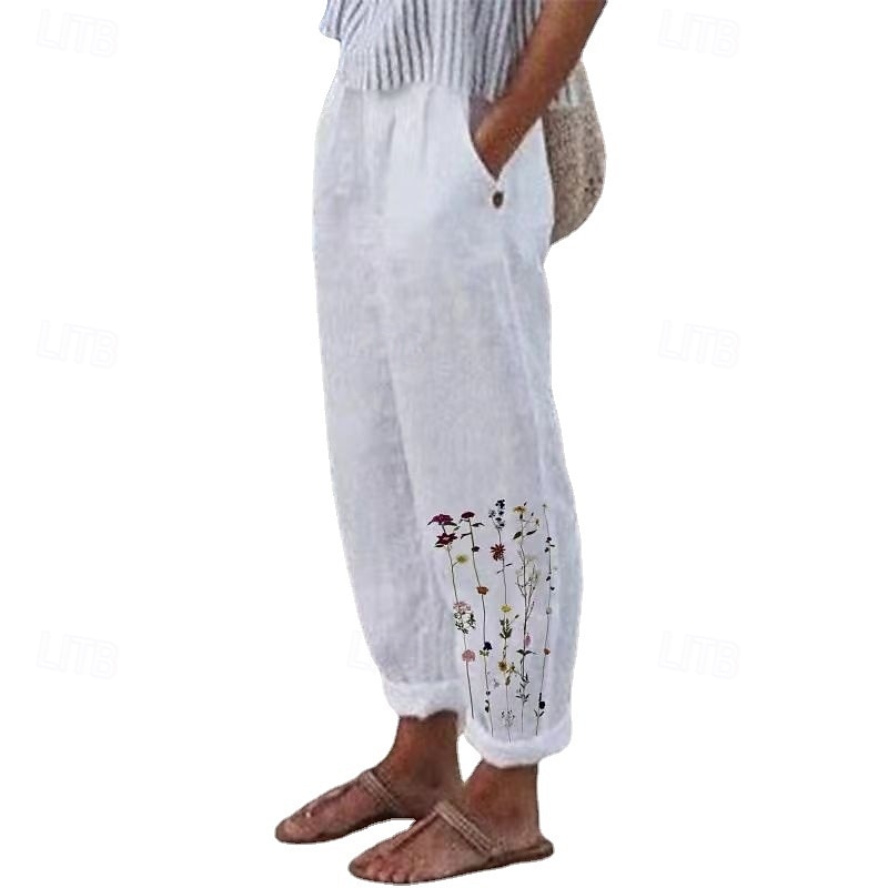 Women's Cotton Linen Pants Palazzo Pants Fashion Streetwear Comfort Ankle-Length Mid Waist Flower / Floral Pocket Elastic Waist Comfy Outdoor Comfortable Street Daily Wear Going out Cold White White