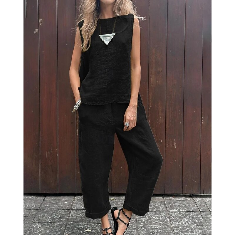 Women's Active Blouse Pants Sets Sleeveless Crew Neck Solid Color Holiday Weekend Black Yellow Blue Summer Regular Fit4