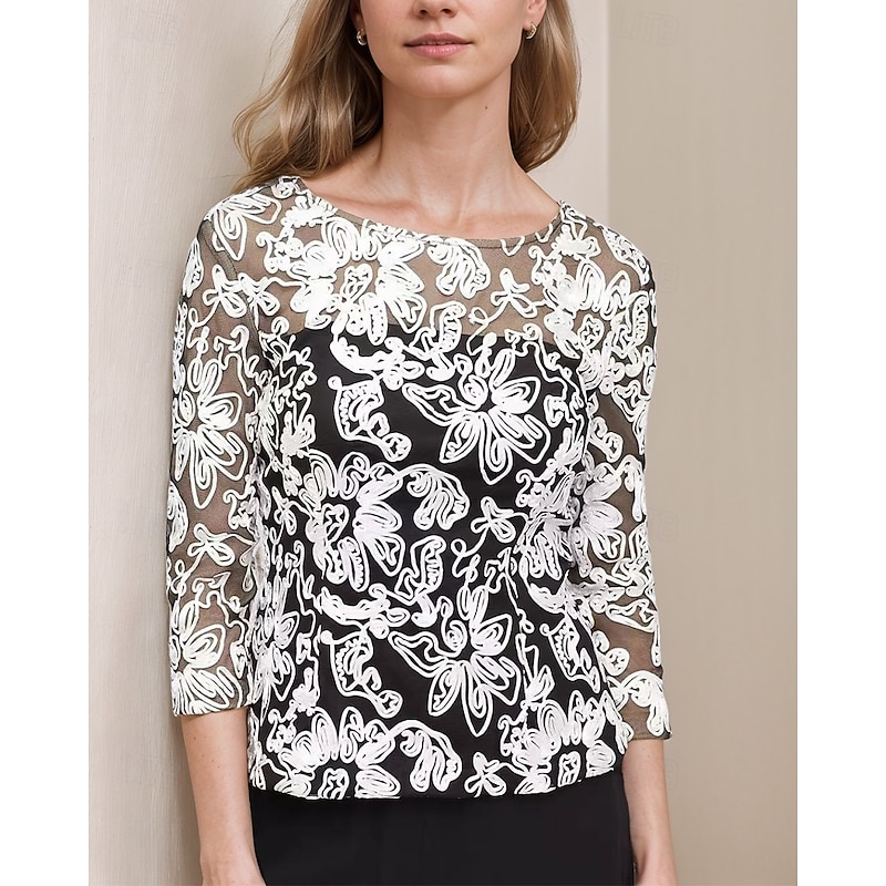 Pantsuit Floral Piping Lace Mother of the Bride Dress Elegant Simple Casual Crew Neck Ankle Length Crepe Lace 3/4 Length Sleeve3