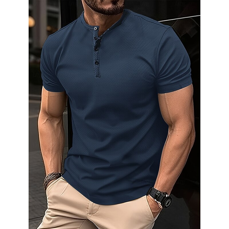 Men's Waffle Henley Shirt Tee Short Sleeve Solid Color Plain Cool Buttons Henley Outdoor Casual Daily Summer Spring &  Fall Black White Blue Henley T-Shirt