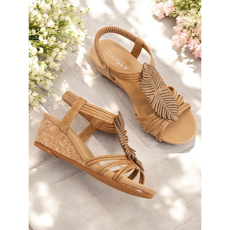 Women's Rhinestone Leaf Wedge Sandals – Boho Style Elastic Slingback Summer Shoes for Casual, Beach, or Vacation Wear3