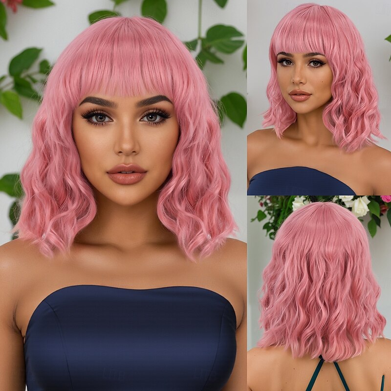 Synthetic Wig Body Wave Curly Weave Asymmetrical Neat Bang Machine Made Wig 14 inch A1 Synthetic Hair Women's Party Classic Comfortable Pink