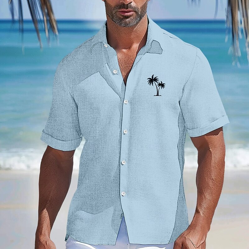 Men's Coconut Palm Linen Shirt Casual Shirt Summer Hawaiian Shirt Short Sleeve Hawaiian Resort Vacation Causal Casual Summer Spring Turndown Button Up Pink Blue Green