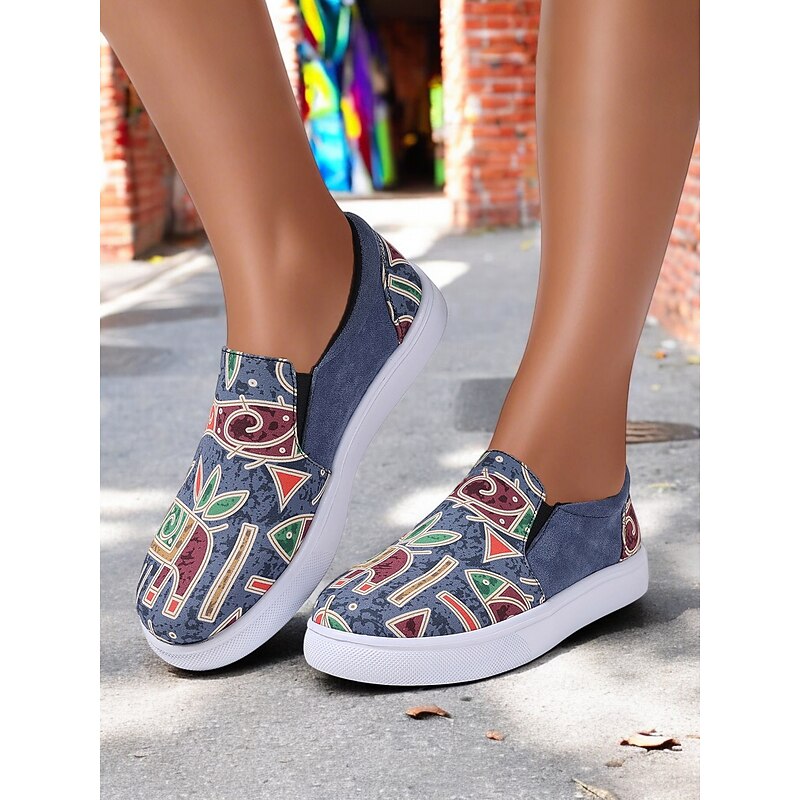 Women's Slip-On Tribal Print Canvas Sneakers – Comfortable Street Style Casual Shoes for Walking, Shopping & Festivals