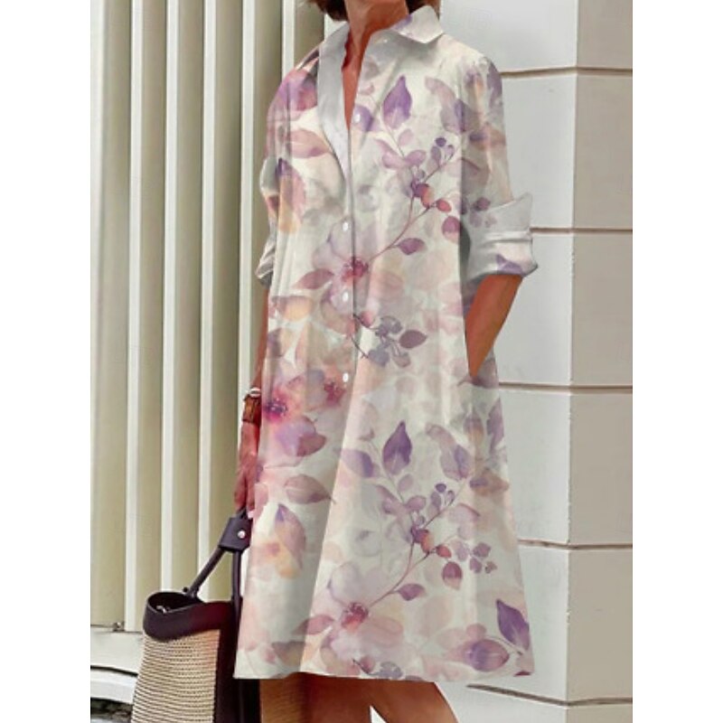 Women's Mini Dress Shirt Dress Casual Dress Summer Dress Fashion Vacation Daily Weekend Regular Fit Floral Long Sleeve Shirt Collar White Blue Purple Summer3
