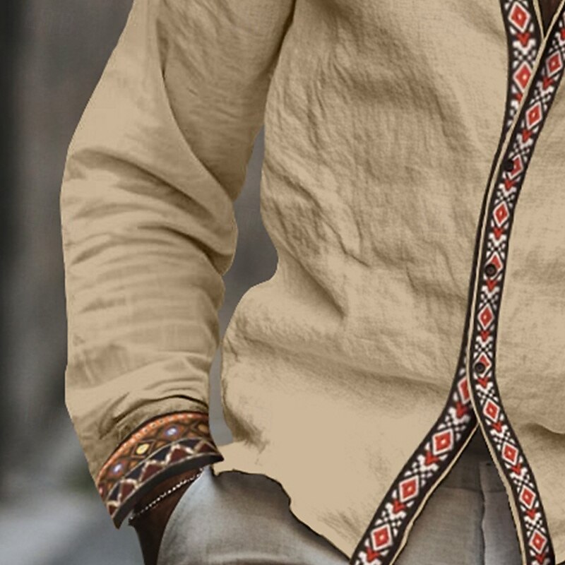 Men's Shirt Linen Shirt Summer Shirt Beach Shirt Button Up Shirt Retro Shirts Solid Color Vacation Holiday Khaki Long Sleeve Turndown Summer Clothing Apparel Patchwork2