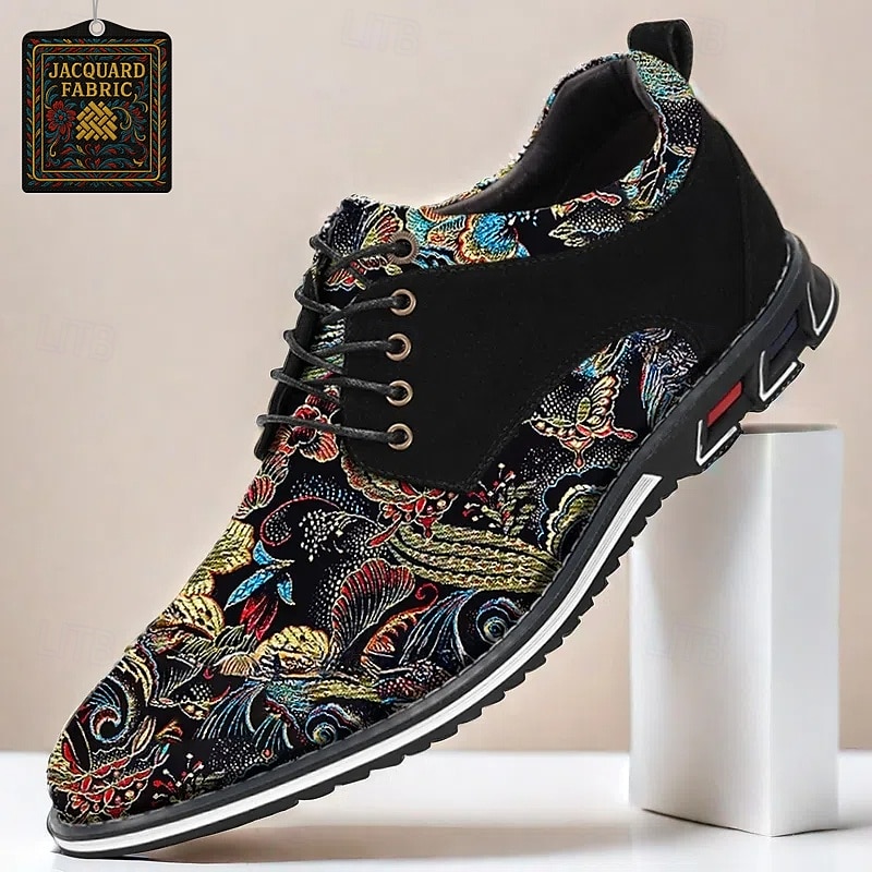 Men's Black Jacquard Floral Lace-Up Dress Shoes, Vibrant Embroidered Detail, Perfect for Weddings and Special Events 2025 - $46.99